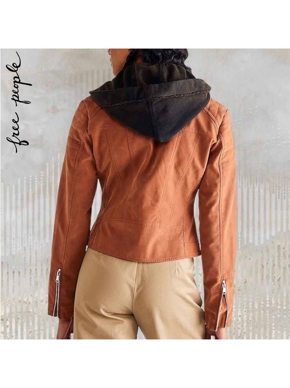 FREE PEOPLE NWT Harriett Moto-Style Brown Vegan Suede, Black Hood Jacket/Md - Picture 8 of 16